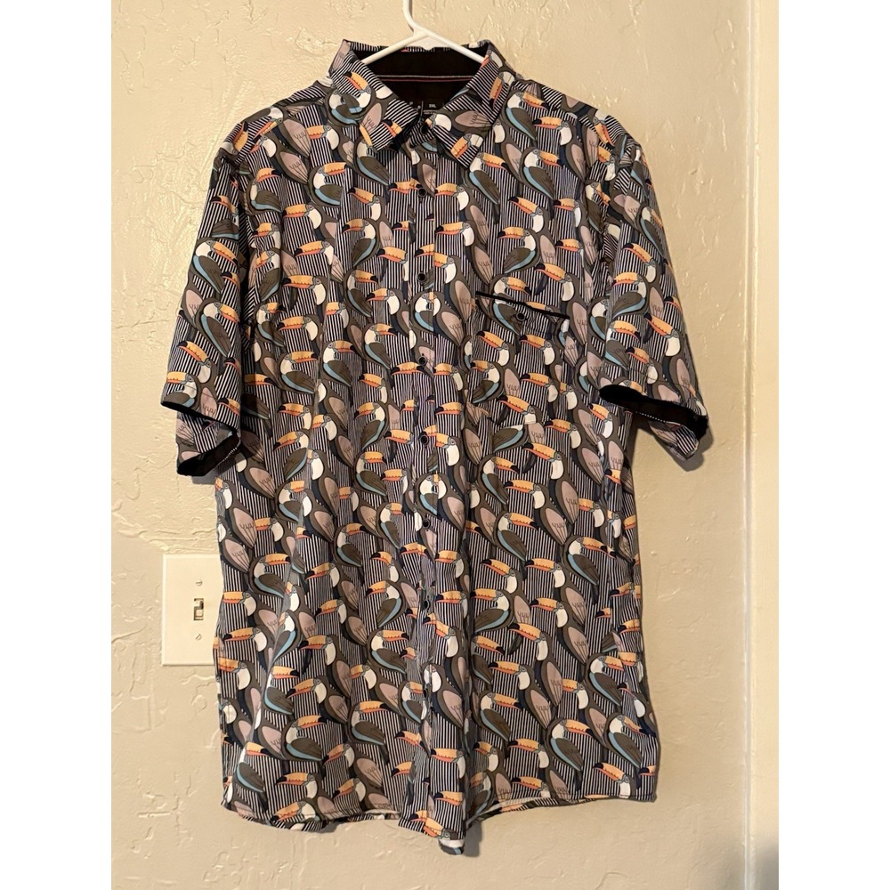Public Record Parrot Print Button Up Shirt 2XL Black Striped Tropical AOP